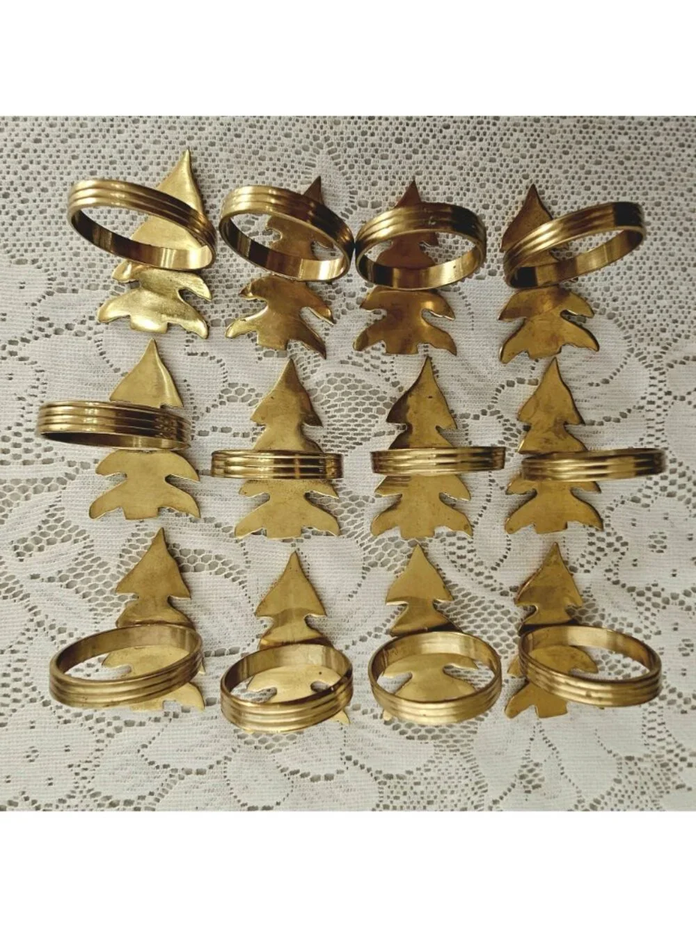 12 Brass Christmas Tree Napkin Rings Holiday Table Decor Gold vintage patina
